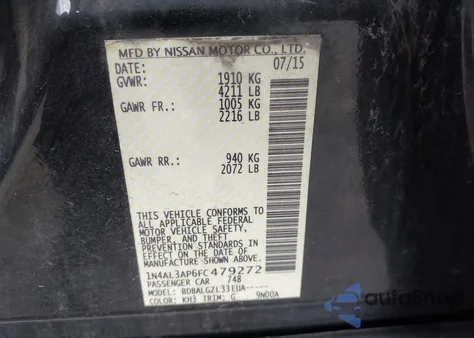 2015 Nissan Altima 2.5/2.5 S/2.5 Sl/2.5 Sv z USA, uszkodzony, nr VIN 1N4AL3AP6FC479272